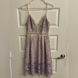 Beautiful, Lilac eyelit dress. Brand: Aqua. Floral lace type dress.